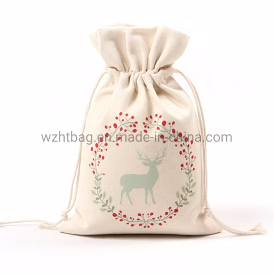Vente en gros Design personnalisé Festival Cadeau saisonnier Aliments de Noël Portable Pochette de promotion réutilisable Emballage Double cordon de traction Sac en mousseline de coton avec cordon de serrage